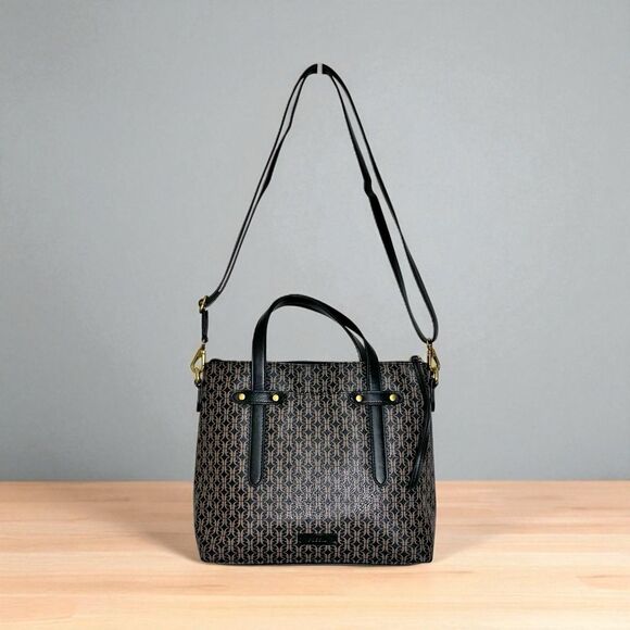 Fossil Crossbody Handbag Purse Mid Sz Black Tan Zip Closure Pockets Faux Leather - Picture 1 of 13